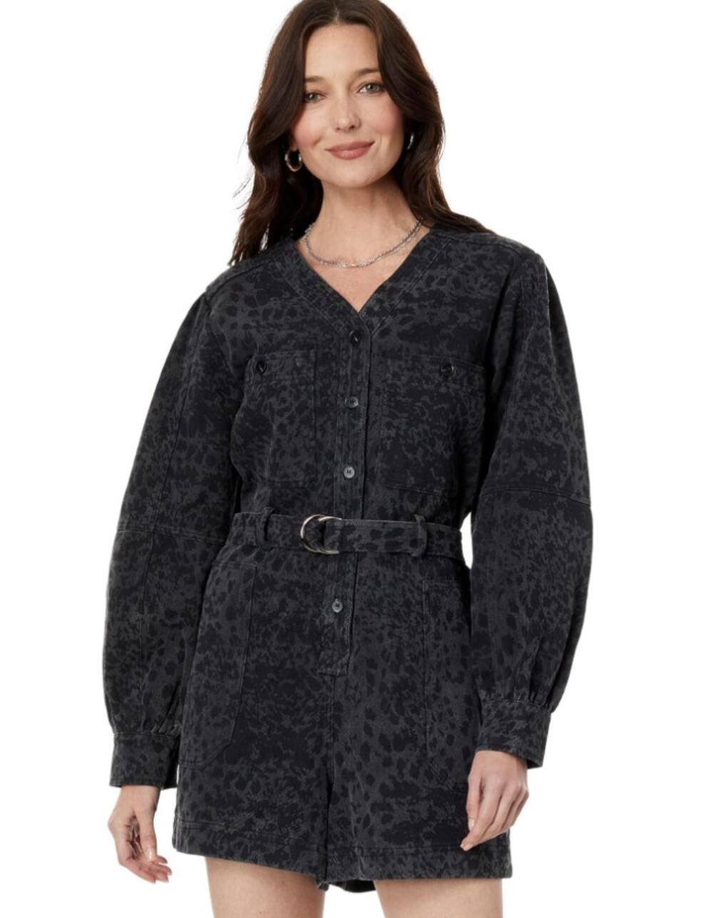 EN SAISON Womens Harlow Denim Romper Small Grey Charcoal Animal Print Belted NWT